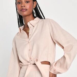 Lulus Womens Sweet Scenario Beige Linen Blend Tie-Front Button-Up Crop Top Sz XL